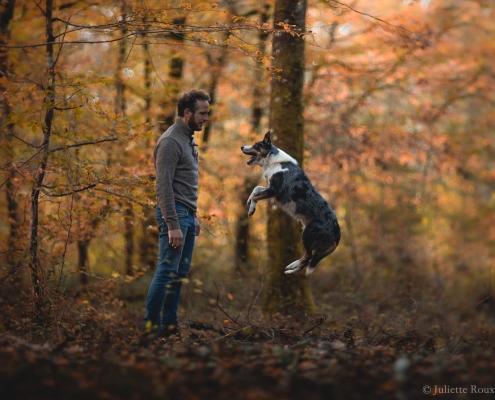 Photo de Manuel THOMAS, dresseur cinéma et metteur en scène animalier, et de Max, son chien acteur